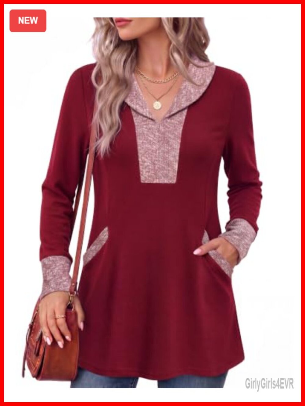 Timeson Womens V Neck Tunic Sweater with Pockets Long Sleeve Knit Top